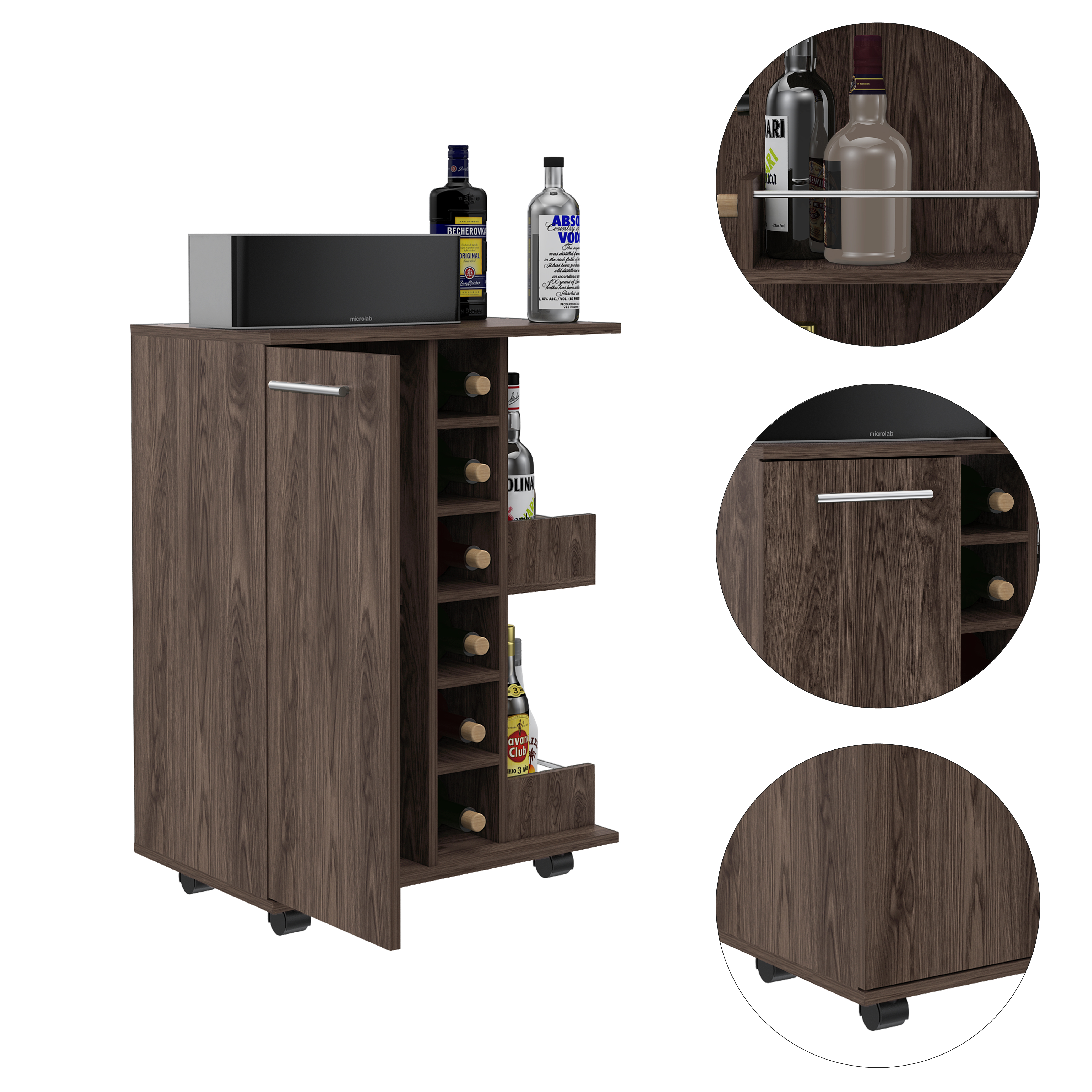 Bar Cart, Two External Shelves, Four Casters, Six Built-in Wine Rack, Single Door Cabinet -Dark Walnut